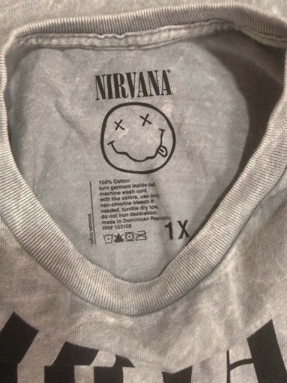 Nirvana Smiley Face Graphic T-Shirt Gray Acid Wash with Pink Smiley - Picture 3 of 3